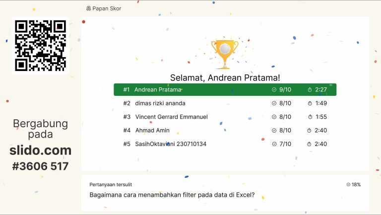Dengan Slido, Anda dapat membuat pengalaman presentasi yang interaktif dan menarik. Cobalah fitur kuisnya untuk menilai pemahaman audiens atau sekadar menambah keseruan